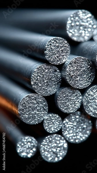 Fototapeta Closeup macro shot of a bundle of metallic rods with a textured, granular surface, showcasing industrial materials and manufacturing processes with a shallow depth of field