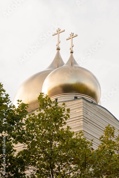 Fototapeta Golden domes of an Orthodox church with a cross, surrounded by trees. Modern Architecture Church Building in Paris. 