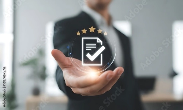 Fototapeta Businessman presenting digital document approval icon with five stars, ideal for illustrating quality assurance, certification, and professional service standards