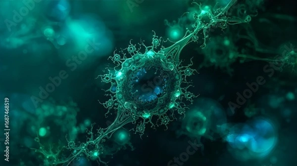 Fototapeta Abstract glowing green cell with intricate network