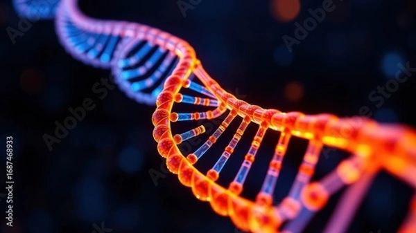 Fototapeta Close up of a glowing vibrant double helix dna strand against a dark background