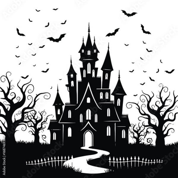 Fototapeta Silhouette of a haunted castle with bats and spooky trees