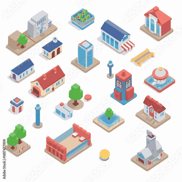 Obraz Isometric collection of diverse building types and architectural elements buildings architecture