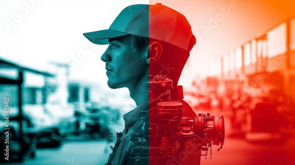 Fototapeta double exposure mechanic portrait side face workshop tools engines outdoor lifestyle design