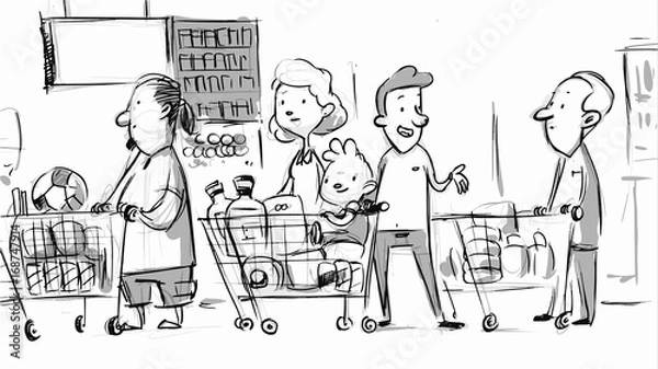 Obraz People in a supermarket Vector sketch for storyboard, projects, cartoon