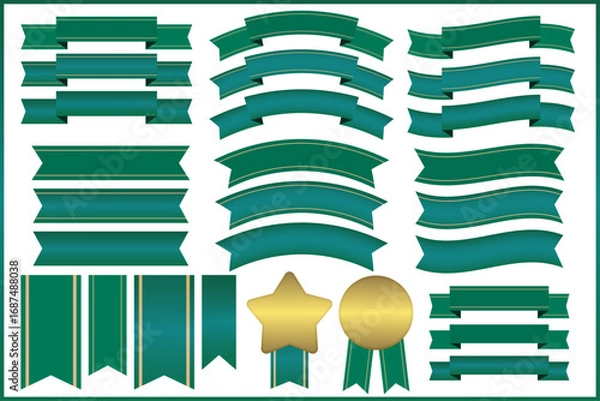 Fototapeta シンプルで可愛い緑のリボンとゴールドのメダル素材セット