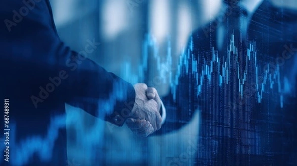Fototapeta Businessmen shaking hands against the background of a stock market graph, a sign of success and business collaboration concept.