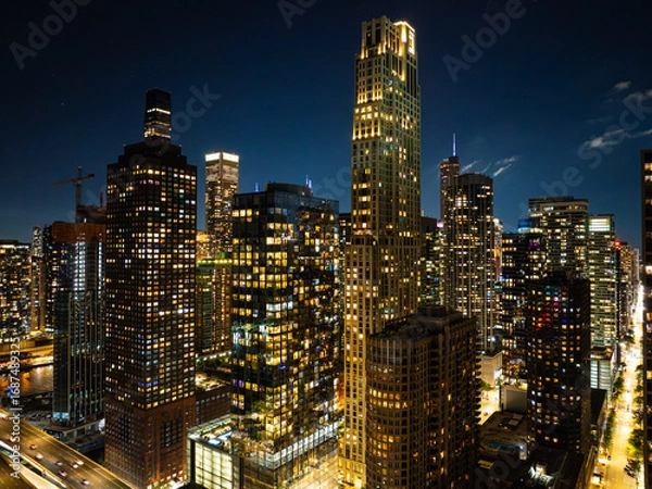 Fototapeta  Chicago Architecture at Night Drone View with Illuminated Skyline”