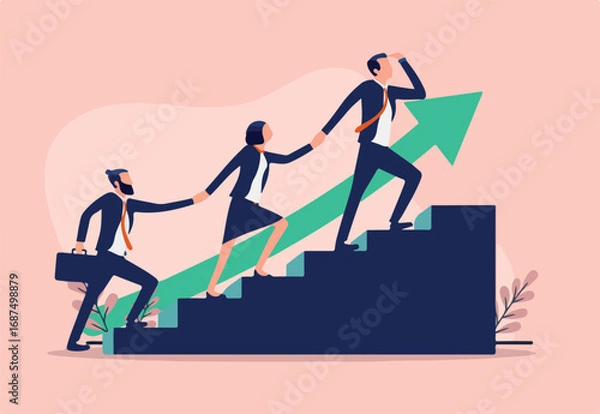 Fototapeta Business progress together - Team of businesspeople walking up stairs with green arrow pointing up towards success. Flat design vector illustration