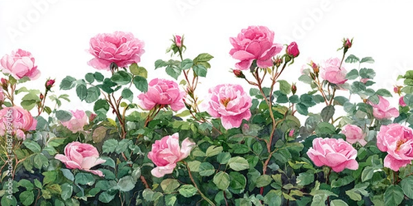 Fototapeta Hand-painted watercolor illustration of pink rose bushes in full bloom with lush green leaves, seamless floral border design, botanical clipart on white background.