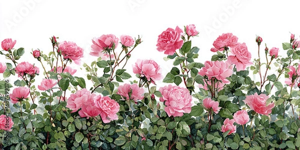 Fototapeta Hand-painted watercolor illustration of pink rose bushes in full bloom with lush green leaves, seamless floral border design, botanical clipart on white background.