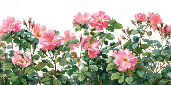 Fototapeta Hand-painted watercolor illustration of pink rose bushes in full bloom with lush green leaves, seamless floral border design, botanical clipart on white background.