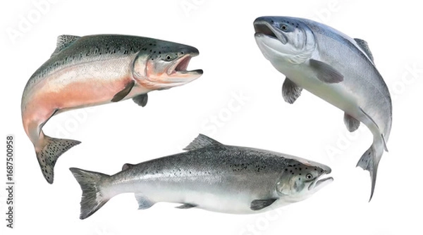 Fototapeta Set of three salmons jumping and swimming transparent background, cutout
