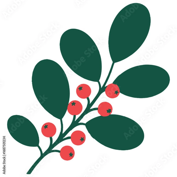 Obraz Green Leaf Branch with Red Berries – Minimal Botanical Vector