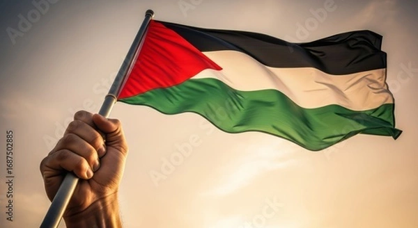 Fototapeta Raised for Palestine – Flag Held High Against Sunset Sky