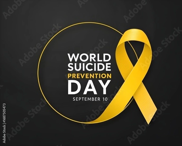 Fototapeta Vector Illustration for World Suicide Prevention Day. Text World Suicide Prevention Day, September 10 and yellow ribbon on black background.