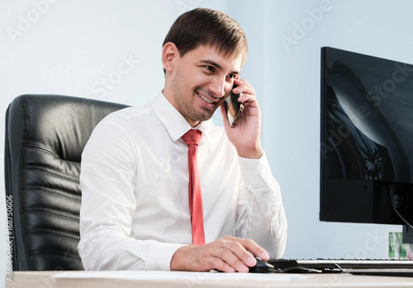 Obraz Young businessman communicating with client