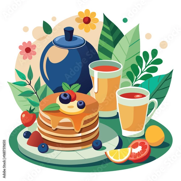 Fototapeta Vector illustration of a delicious stack of pancakes with berries and tea for brunch vector