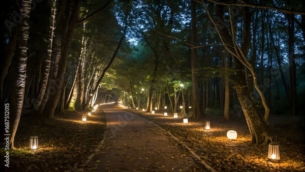 Fototapeta A path through a dark forest illuminated by lanterns creating a magical and enchanting atmosphere