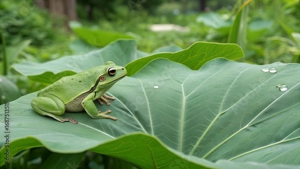 Fototapeta A green tree frog resting on a large leaf with water droplets in a lush green environment outdoors