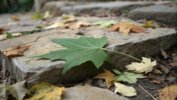 Fototapeta A green leaf on a stone step surrounded by fallen leaves in an outdoor setting in autumn season