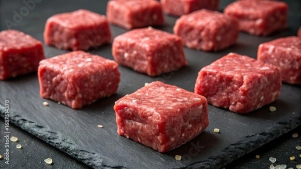 Fototapeta Close up of raw ground beef cubes arranged on a dark slate surface with scattered salt crystals around them