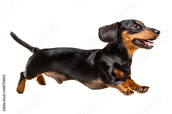 Fototapeta Joyful dachshund mid-jump capturing pure happiness and energetic movement in studio
