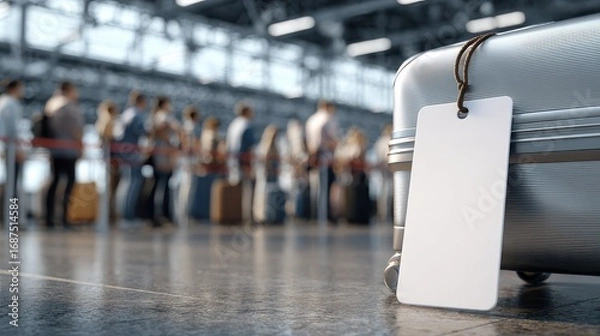 Fototapeta blank luggage tag mockup on silver suitcase in airport terminal with people in queue for checkin or boarding modern clean travel background ai generative