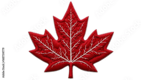 Obraz Embroidered Red Maple Leaf Patch – Detailed Symmetrical Leaf with White Outline Isolated on Transparent Background