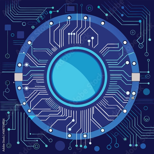 Fototapeta Abstract digital circuit board design featuring concentric circles and interconnected lines on a dark blue background