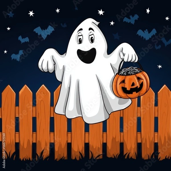 Fototapeta A cheerful ghost holds a pumpkin bucket against a night sky filled with bats and a wooden fence.