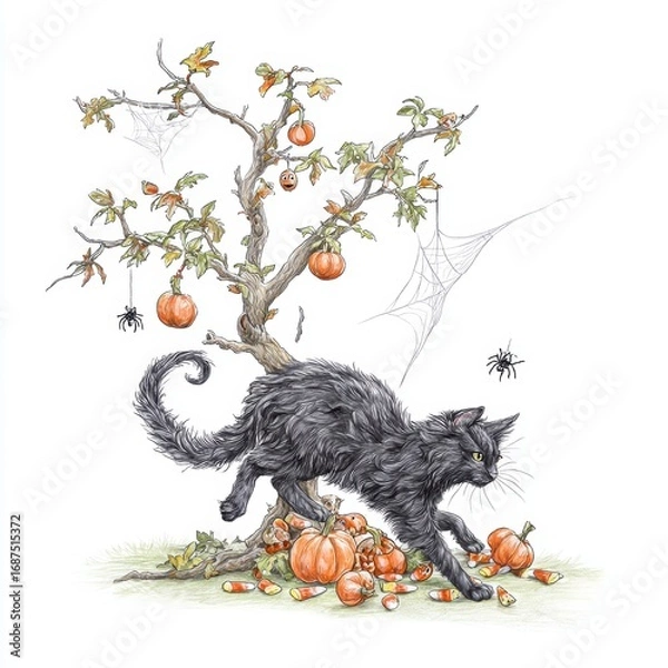 Fototapeta A whimsical black cat plays among pumpkins and a spider-webbed tree.