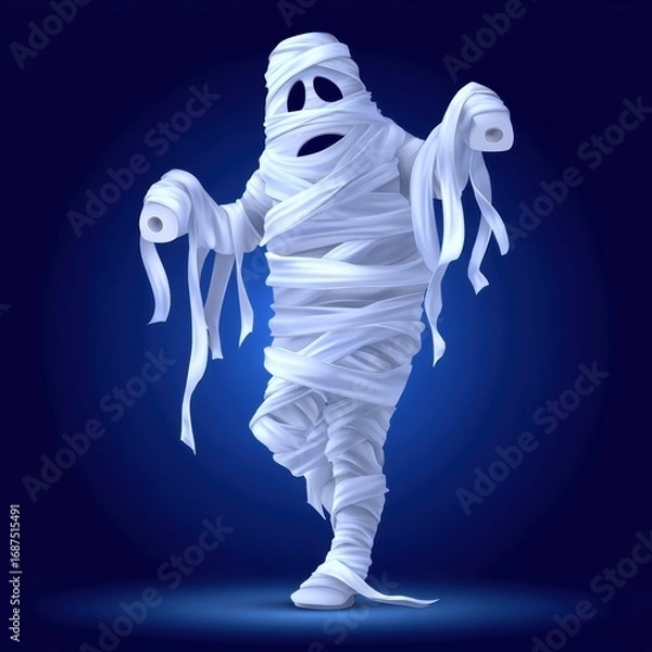 Fototapeta A whimsical mummy character wrapped in white bandages against a dark background.