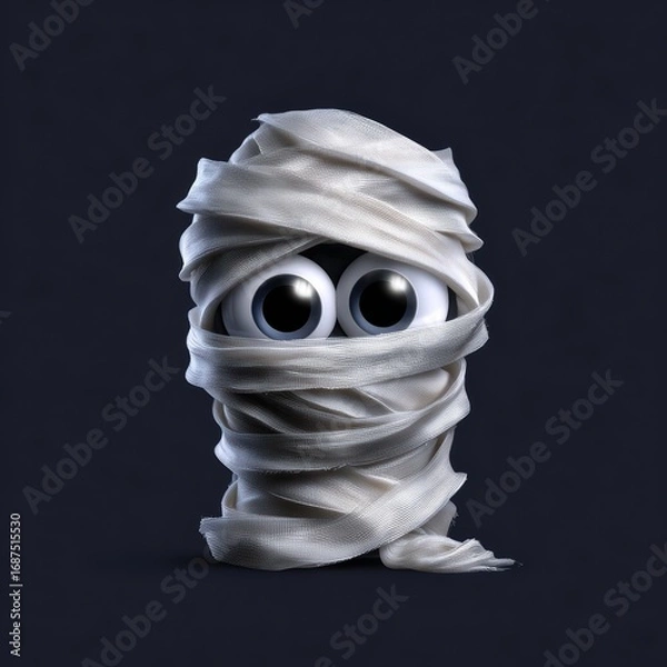 Fototapeta A quirky character wrapped in bandages with large, expressive eyes peeking out.