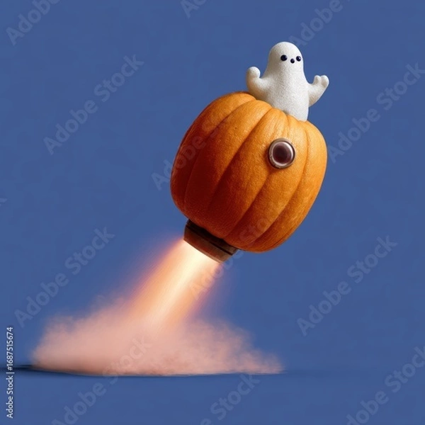 Fototapeta A ghost rides a pumpkin rocket, creating a whimsical Halloween-themed scene against a blue background.