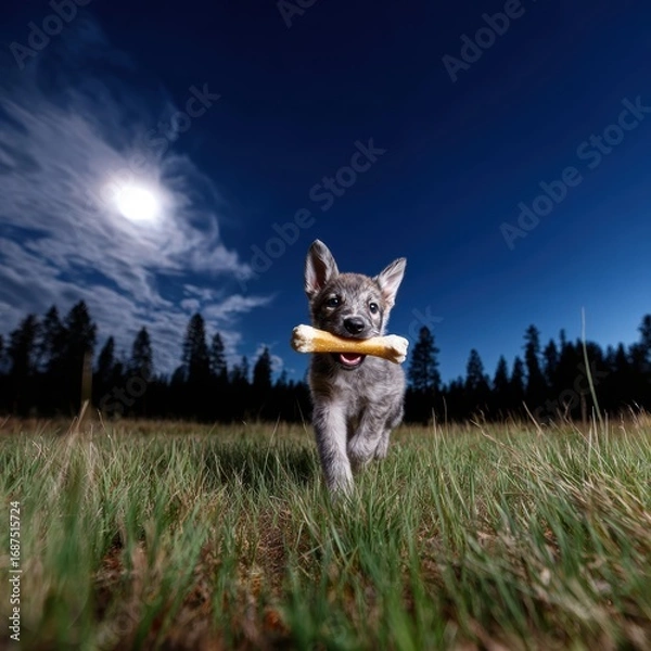 Fototapeta A playful dog holds a bone under a full moon in a grassy field.