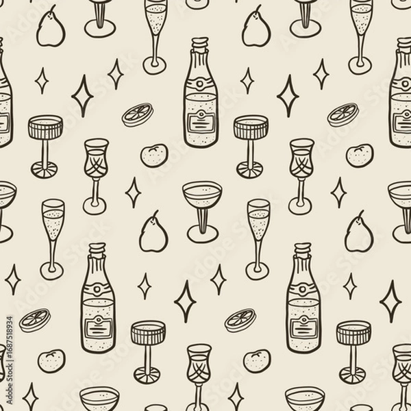 Fototapeta Charming whimsical outline seamless pattern of festive glasses and drinks in coquette core aesthetic for Christmas, Thanksgiving and seasonal celebrations.