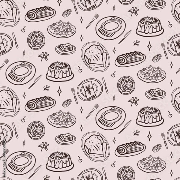Fototapeta Seamless pattren. charming whimsical Christmas outline illustrations of festive food, tableware and drinks for invitations, greeting cards, menus, posters, products, blogs, web design