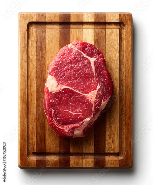 Fototapeta Fresh Ribeye Steak on Wooden Board: High-angle shot of a fresh, uncooked ribeye steak, resting prominently on a wooden cutting board.