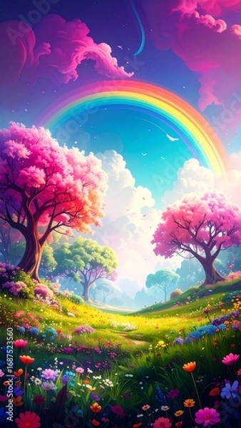 Obraz Vibrant spring landscape with rainbow