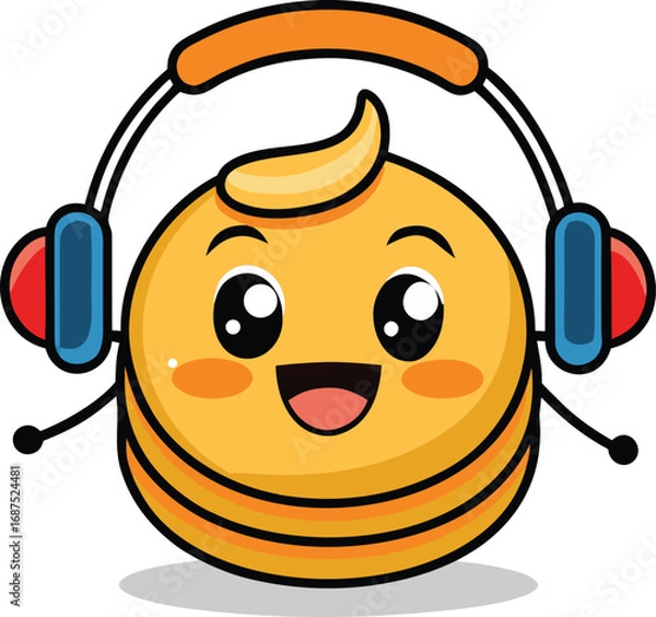 Fototapeta Happy pancake character with headphones enjoying music vector illustration vector