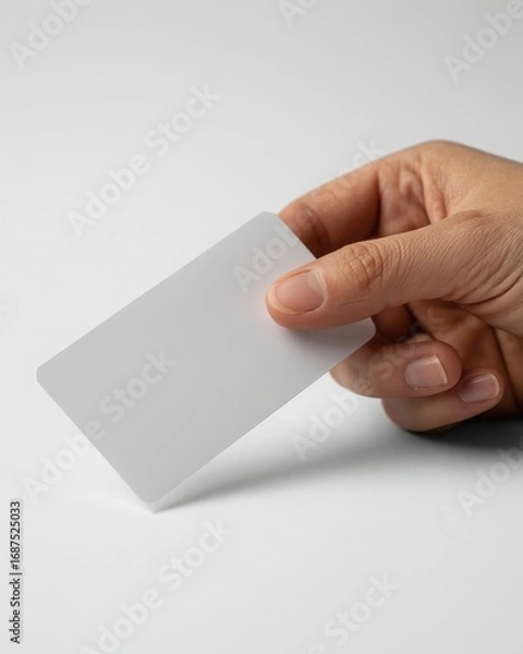 Fototapeta Close up of a hand holding a blank white card or credit card on a light surface