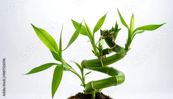 Fototapeta A vibrant, healthy lucky bamboo plant against a plain white background.  A beautiful, spiral-shaped plant