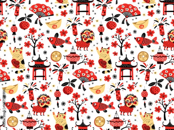 Fototapeta Chinese New Year Seamless Background Pattern, Lucky Cat, Dragon, Lanterns and Sakura. Lunar New Year Celebration Festival Vector illustration, Red and Gold Oriental Festive Design. Traditional Icons