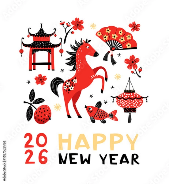 Fototapeta Happy Chinese New Year 2026 greeting card with red horse, lanterns, fireworks, fan and flowers. Year of the Fire Horse zodiac illustration. Lunar New Year festive flat style design vector illustration