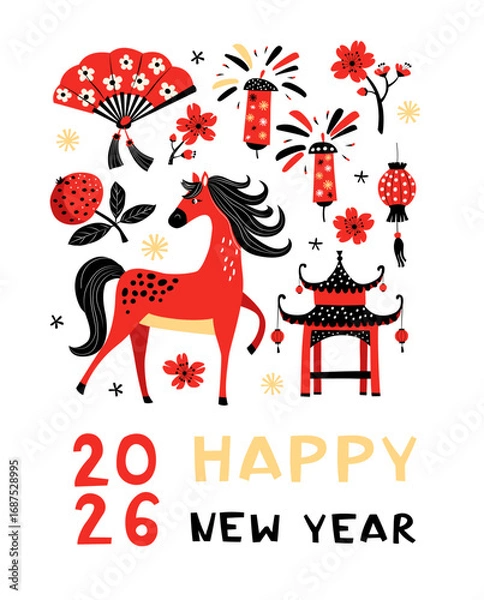 Fototapeta Happy Chinese New Year 2026 greeting card with red horse, lanterns, fireworks, fan and flowers. Year of the Fire Horse zodiac illustration. Lunar New Year festive flat style design vector illustration