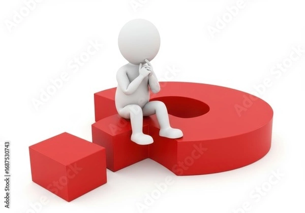 Fototapeta Confused white 3d man sitting on a large red question mark pondering ideas