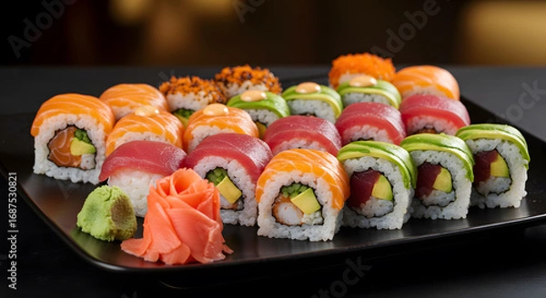 Fototapeta Assorted Sushi Rolls with Salmon Tuna and Avocado on Black Tray Featuring Pickled Ginger Wasabi and Warm Lighting in Dark Background
