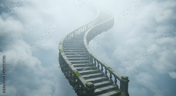 Fototapeta Pixelated Stone Stairway Ascending into Ethereal Cloudy Sky with Soft Lighting and Moss Accents