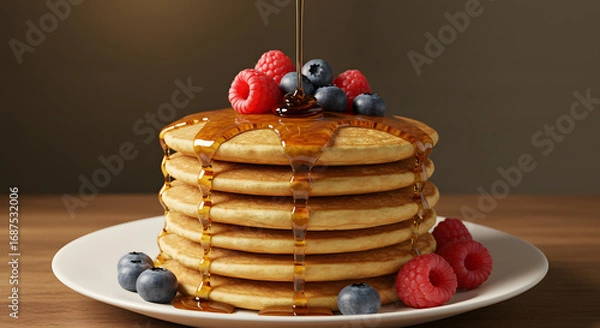 Fototapeta Stack of Golden Pancakes Topped with Fresh Berries and Dripping Maple Syrup on Rustic Wooden Table with Neutral Brown Background